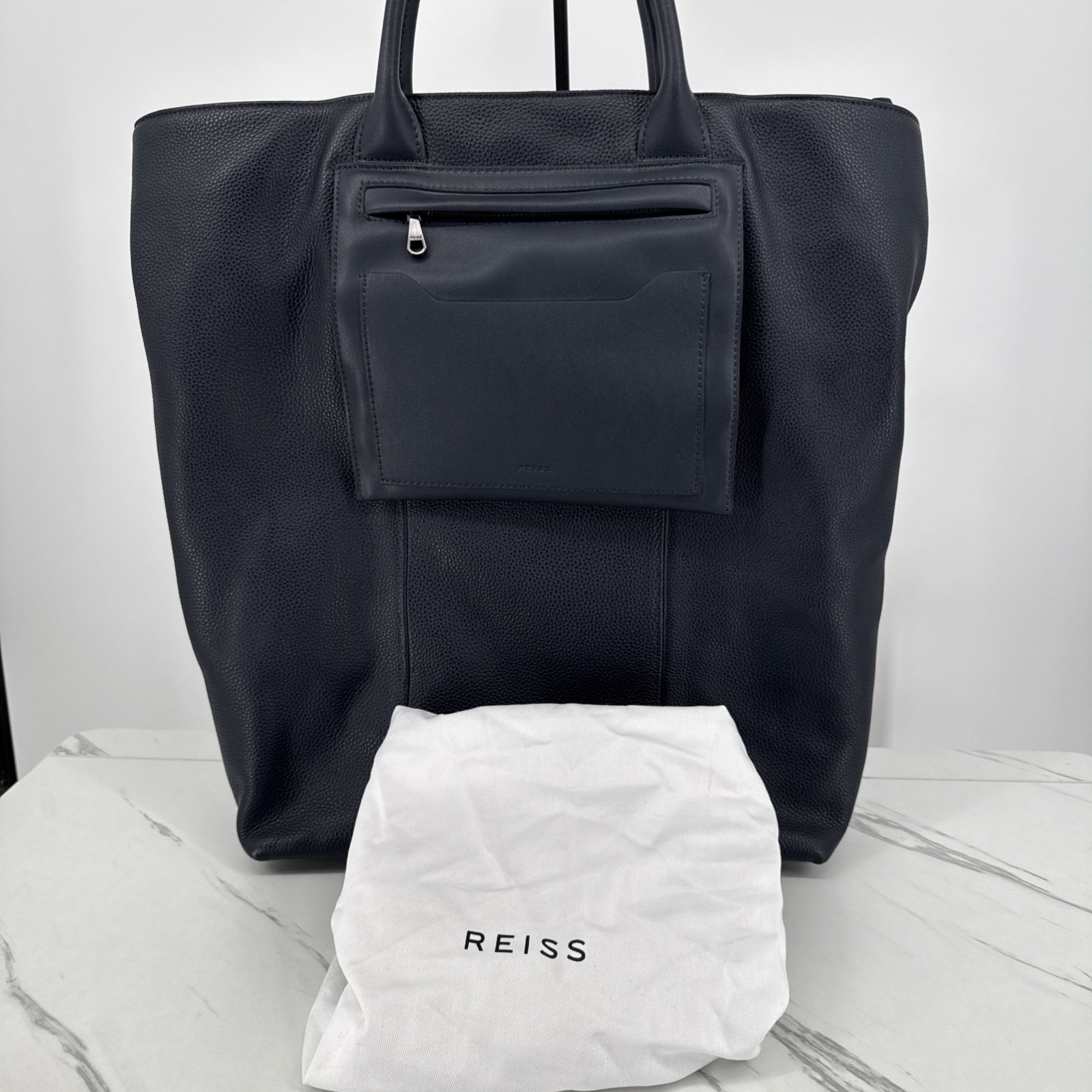 New Reiss Bellingham North South Leather Tote Bag Blue Academia Business Luxury